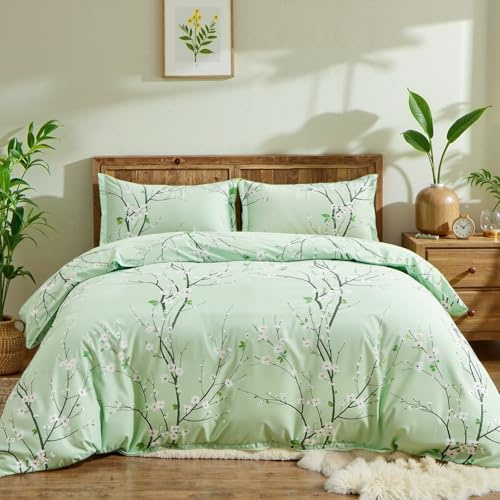 Freyamy Bettwäsche 220x240 Blumen Grün Blütenzweig Aesthetic Bettwäsche Set | Mädchen Wendebettwäsche, 3teilig Bettwäsche-sets, Microfaser ÖKO-TEX Bettbezug mit Reißverschluss und 2 Kissenbezug 80x80cm