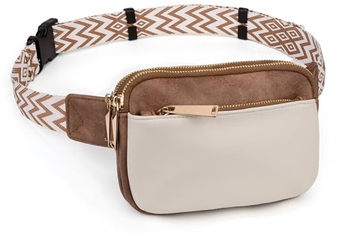 UTO Bauchtasche Damen Stylisch PU Leder Mode Schlanke leichte Hüfttasche mit 3 Reißverschlusstaschen Gürteltasche Weiß und Braun
