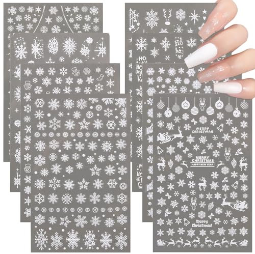 8 Feuilles Noël Autocollant Sticker Nail Ongle Auto-adhésif Décalque de Transfert Flocon de Neige Renne Cloches Blanc Stickers Pochoir Décoration DIY Manucure Pour Soirée Fête Anniversaire