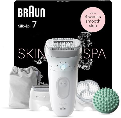 Braun Silk-épil 7 SkinSpa 7-081 - Set de depiladora para mujer, depiladora de larga duración, cabezal de afeitado, cabezal de masaje, color blanco y plateado