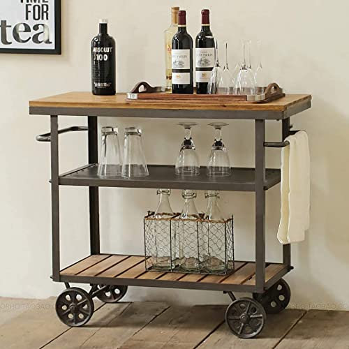 Bar-Servierwagen, Weinwagen für Zuhause, Küche, Hotel, Massivholz, Retro, 3-lagiger Rollwagen mit Rollen, mobiles Küchenregal