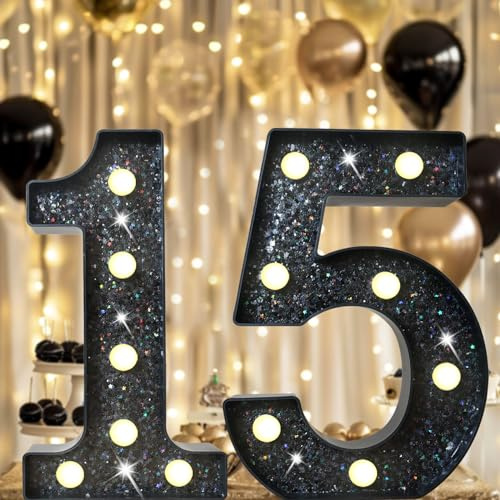 Chiffres décoratifs lumineux à DEL de 22,4 cm, panneau de numéro de chapiteau à paillettes pour 15e anniversaire, mariage, toile de fond pour décoration murale, maison, bar, numéro 15, noir