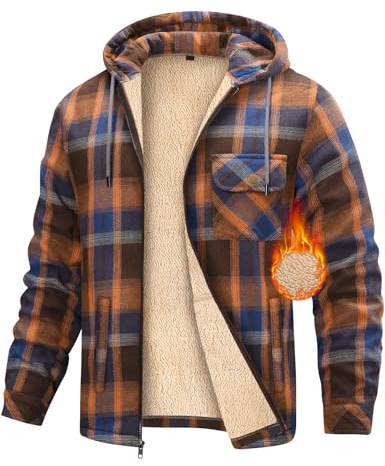 heekpek Sweat a Capuche Homme Vestes Doublées en Polaire Blouson Hiver Manteau Sherpa Chaud Hoodies Sweatshirt Chemises à Carreaux Zippées en Flanelle pour le Travail à L'extérieur, Orange, L