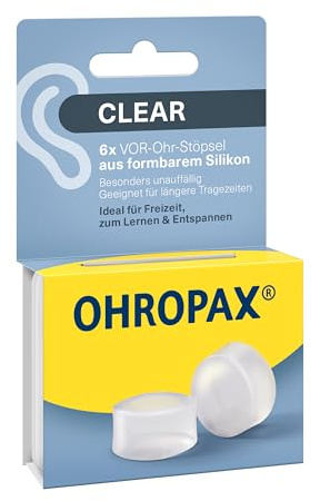 OHROPAX Clear Ohrstöpsel - 6 Stück Formbare Silikon Gehörschutzstöpsel | Transparenter VOR-Ohr-Gehörschutz aus weichem Silikon, unauffällig und hautfreundlich, SNR 23 dB Dämmung für Ruhe