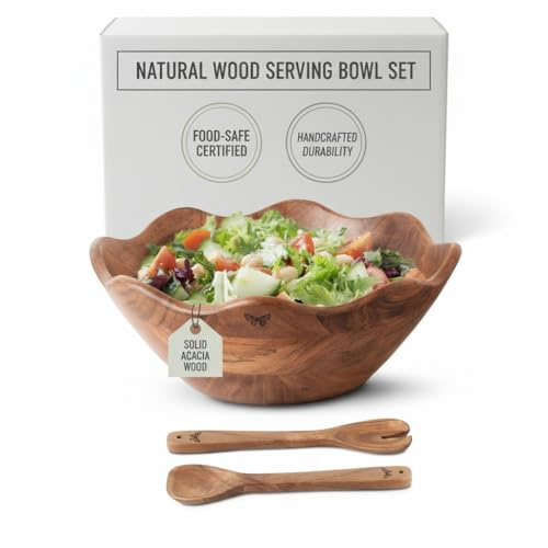 Melvvi Large Wooden Salad Bowl Set with 2 Serving Utensils | 12 Acacia Wood Bowls for Food | Great Mothers Day gift (Natural Set of 3)