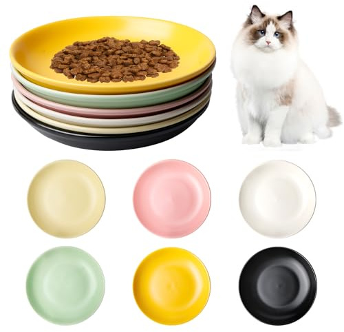 Kattskål, 6 stycken katttallrikar av keramik, färgglada kattskålar, keramik, kattskål, platt för kattungar och kortbeniga katter för att lindra trötthet i morrhåret (15 × 15 × 3 cm, 6 färger)