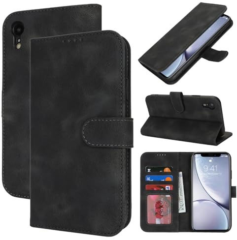 Zouzt Hülle für iPhone XR (6,1), Premium PU Leder, Vintage Schwarz | Handyhülle mit Kartenfächern, Magnet Klapp Schutzhülle, Stoßfeste TPU-Innenhülle, Frauen Männer, Leather Wallet Phone Case