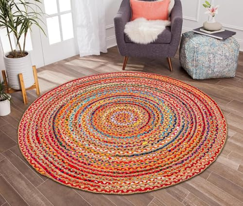 GULAAL ART Round Jute Braided Rug Large Multicolour Boho Area Carpet for Living Room, Bedroom & Lounge Handwoven Indian Chindi Cotton Floor Mat 4 Feet