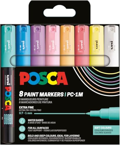 POSCA - Acrylmarker Set PC-1MC Pastellfarben 8 Farben | Marker mit 0,7-1 mm Spitze für Holz, Stein, Stoff, Papier u. v. m.