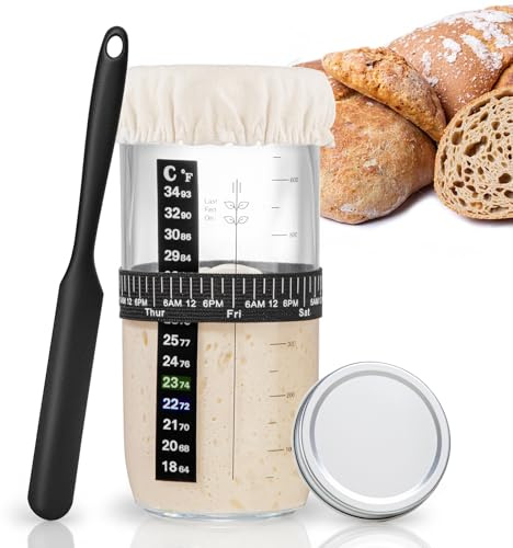 Thyme Space 730ml Sourdough Starter Jar, Sourdough Bread Baking Container with Date Marked Feeding Band, Thermometer, Silicone Scraper, Cloth Cover & Metal Lid for Family Use