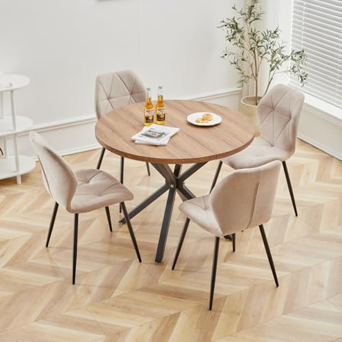 GrandCA HOME Juego de Mesa y Sillas de Comedor, Mesa de Comedor Redonda de 100 CM y 4 Sillas Modernas de Lino, para Comedor, Cocina, Sala de Estar (Oscuro + Caqui)