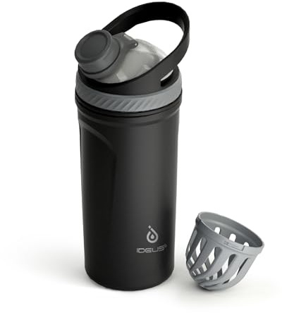 Ideus Edelstahl Protein Shaker 700 ml auslaufsicher mit Griff Grau Schwarz | Doppelt isoliert, BPA-frei, mit leisem Rührsieb für Sport & Fitness