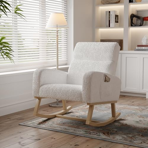 JYCRA Schaukelstuhl, Stillstuhl, Schaukelstuhl, skandinavischer Schaukelsessel für Wohnzimmer, Samt, Teddy mit Beinen aus Massivholz, für Schlafzimmer, Büro (weiß)