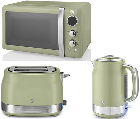 Swan Retro Revive Green 1.7L 3KW Jug Kettle, 2 Slice Toaster & Retro 800W 20L Microwave. Matching Vintage Design Kitchen Set in Green with Chrome Accents