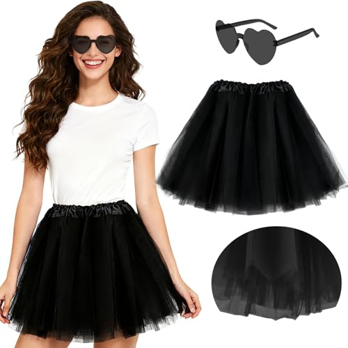 PLULON Black Tutu 5 Layers Skirts for Women with Heart Sunglasses Halloween Costume, Colorful Tulle Skirt Puffy Bubble Skirt 80s Tutus for Dance Run Cosplay Theme Bachelorette Party Ballet Fancy Dress
