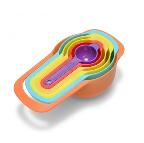 6 Pcs Measuring Cups, Plastic Cup and Spoons Measurements Set for Baking | Colorful Measures and Spoons Set Re-Usable Cups Measures, Space Saving Stackable