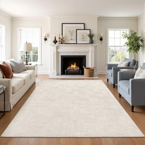 Enyhom Wohnzimmer Teppich, 3D Optik Kurzflor Flauschig, Beige, 160 x 230 cm | Weich Skandinavisch, rutschfest Waschbar Teppiche, Pflegeleicht, für Esszimmer Schlafzimmer Kinderzimmer