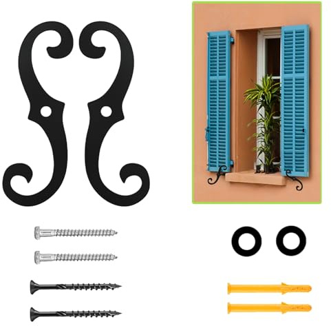Kinktons S Style Shutter Dogs Hardware, 6.3 Decorative Shutter Dog Holders with Mounting Screws, Rust Resistant Iron External Shutter Tieback for Exterior Shutters, 2pc Black