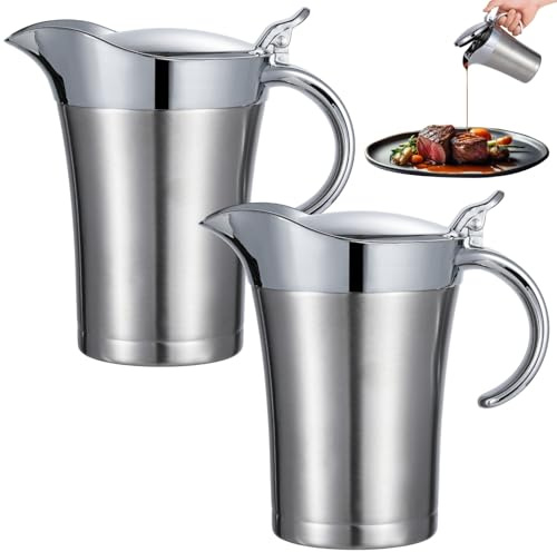 2 PCS Insulated Gravy Boat, Double Wall Insulated Stainless Steel Sauce Jug with Handle, 27 oz Gravy Warmer with Hinged Lid, Heat Retaining Sauce Pitcher for Family Dinner Home Restaurant Kitchen
