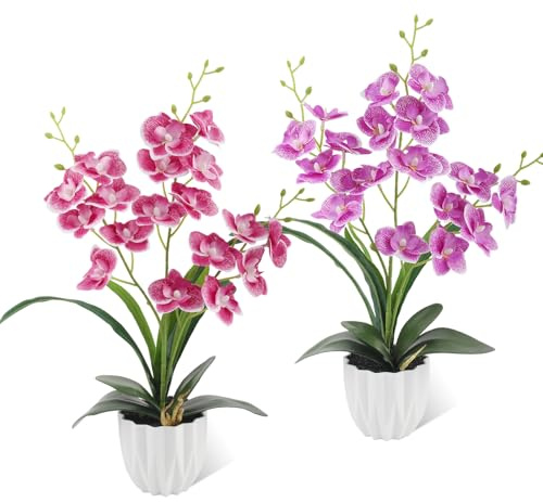 LEIMEND 2 STK Künstliche Orchideen im Topf Kunstblumen wie echt Rosa Lila | Künstliche Orchideen wie echt Orchidee mit Plastikvase für Tischdekoration Wohnkultur Büro Hochzeitsfeier Deko