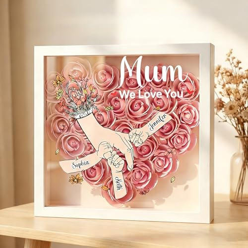 Personalised Mum and Kids Flower Shadow Box Custom Holding Hands Flower Box with Name Customised Mother's Day Birthday Gift for Mom Grandma Granny Family from Daughter Son (Style 01)