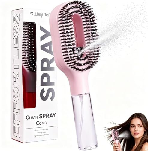 2-in-1 Detangler Hair Brush with Water Spray, 50ml Water Reservoir Anti-Frizz Styling Hairbrush Mister, Hair Water Spray Bottle Portable Wet Dry Detangling Brush for Women Men Kids (Pink)