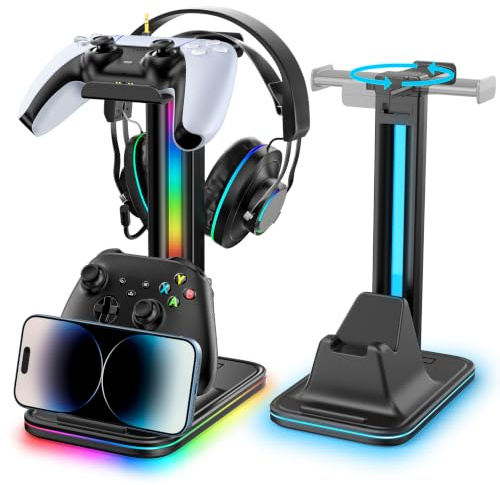 Kosker Gaming Headphone & Controller Stand with RGB Light, Rotatable Headset Holder for Desk, Desk Organizer for Game Room Accessories