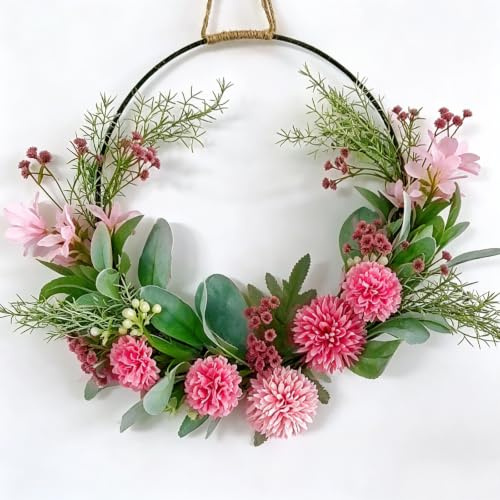 16 Summer Wreath for Front Door, Artificial Flower Door Wreath Home Decor | Artificial flower wreath with wood beads, suitable for indoor outdoor, perfect for porch, wall, party and home decoration