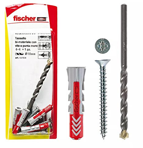 Fischer 537638 Dübel mit Schraube und 1 Spitze Bohrer DUOPOWER, grau/rot, 10 x 50 mm, Set von 4 Stück