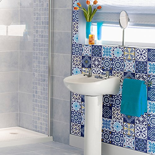 12 Stickers adhésifs carrelages | Sticker Autocollant Carreaux de ciment - Mosaïque carrelage mural salle de bain et cuisine | Carreaux de ciment adhésif mural - azulejos - 20 x 20 cm - 12 pièces