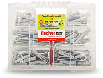 Fischer Kit UX, 80 Dübel mit Schraube für Befestigung auf Wand volle, Lochziegel, Gipskarton, 544257