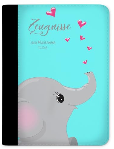 CreaDesign Zeugnismappe A4 mit Namen personalisiert für Kinder – Elefant verliebt Türkis – Dokumentenmappe Schule ohne Klarsichthüllen
