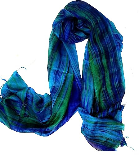 100% ren silkesscarf kvinnas halsdukar sjal handmålad sidenhalsduk, blå, grön, Blå, grön, Large