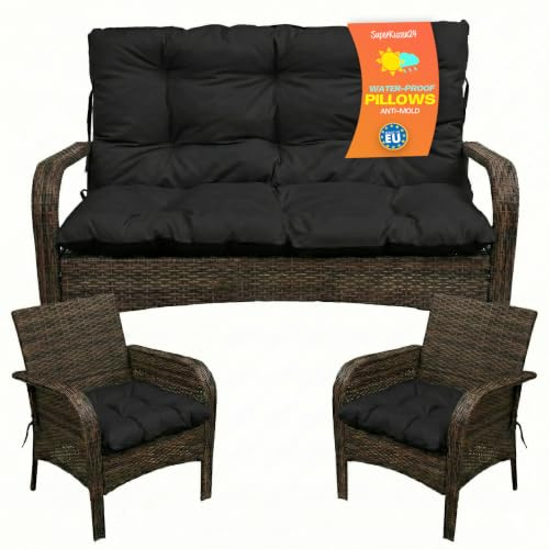 SuperKissen24. Sitzkissen Bankkissen Bankauflage - 140x50 cm und Rückenlehne 140x60 cm mit 2er 45x45 cm Stuhlkissen Set - Outdoor und Indoor - Schwarz
