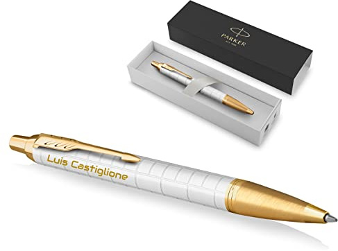 PARKER IM Premium Kugelschreiber mit Gravur | Premium Stift | Geschenkbox | blaue Tinte | edel | personalisiertes Geschenk | Namen | graviert | Jahrestag | Geburtstag (Pearl G.C.)