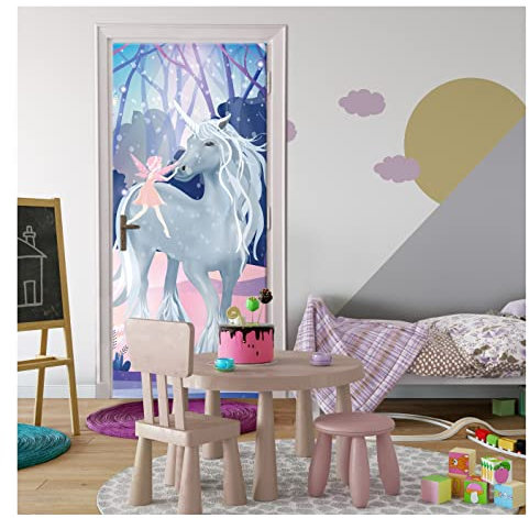 Türtapete Babyzimmer Einhorn - 91x211 cm einteilig inkl. kleister - Türposter Vlies Fototapete für Tür Türaufkleber Türfolie UV-Beständig Montagefertig
