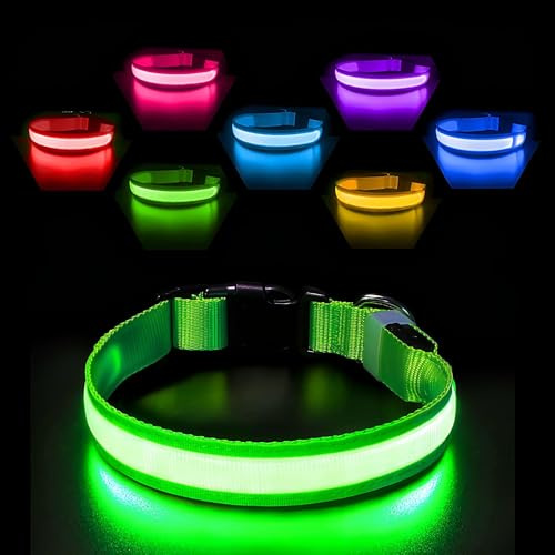 PcEoTllar Leuchthalsband Aufladbar, Wasserdicht für Hunde Grün-L | LED Einstellbar Halsband mit 7 Farben & Blinkmodi. Aufladbar, wasserdicht & verstellbar für kleine bis große Hunde.