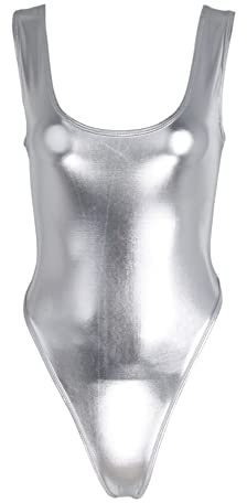 Alvivi Wetlook body overall för kvinnor baddräkt metallic bikini badmode high cut string body leotard toppar, silver, one size