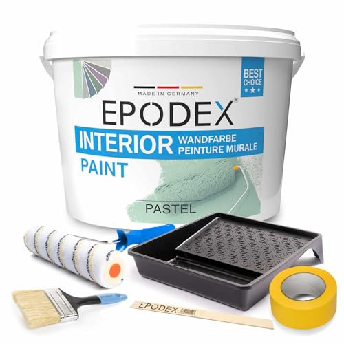 EPODEX® INTERIOR PAINT Peinture murale intérieure avec kit d'accessoires 45 couleurs pastel Blanc Multicolore Anti-éclaboussures Résistant Faible odeur Haute capacité couvrante 3-53 kg