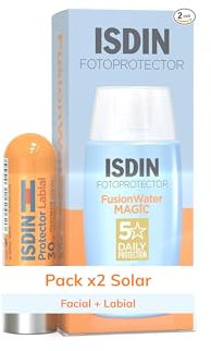 ISDIN Pack FusionWater MAGIC SPF 50, ultralätt solkräm för ansiktet med vattenformel, 50 ml och läppbalsam med SPF 30 som skyddar läpparna