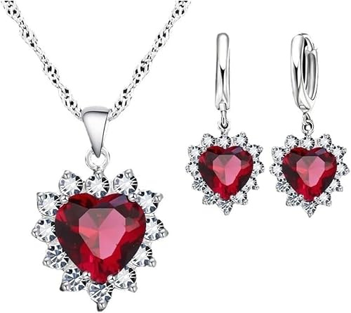 FDEETY Damen Schmuckset Herz Kristall Anhänger Halskette Ohrringe Set für Frauen Mädchen Brautschmuck Set Schmuckset
