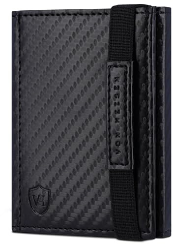 VON HEESEN Slim Wallet mit XL Münzfach & RFID-Schutz - Mini Geldbörse Herren & Damen - Kartenetui Kreditkartenetui - Portmonee Geldbeutel Portemonnaie klein Carbon-Schwarz