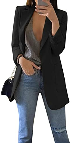 OMZIN Women's Long Sleeve Open Front Work Office Cardigan Jacket Blazer Winter Long Sleeve Blazer Jacket Blk L