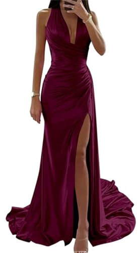 Vestidos de dama de honor, vestidos formales de satén largo para mujer, invitada de boda, corte sirena, plisados, espalda descubierta, Fucsia Oscuro, 58 Más
