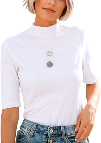 Dressmine Turtle Neck Tops for Women Basic Clothing Dressy Casual Cute Tops Plain Fitted T Shirt Cotton Cozy Blouse Size 18 White