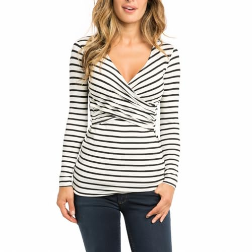 SamHeng Mujer Camisetas de Manga Larga de Lactancia Camisetas de Lactancia Cuello Redondo Camisetas de Lactancia Ropa de Embarazo a Rayas(Blanco, L)