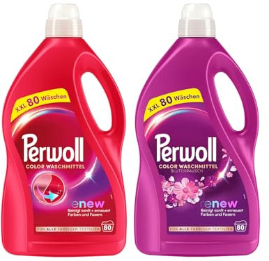 PERWOLL Flüssig-Set 2x 80 Waschladungen (160WL) 1x Color & 1x Color Blütenrausch, Feinwaschmittel-Set reinigt sanft und erneuert Farben und Fasern, mit Dreifach-Renew-Technologie