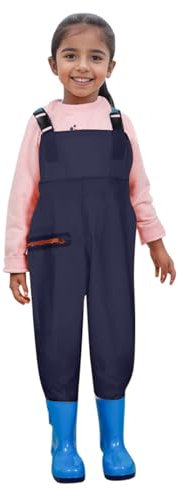 DRALOFAO Wathose für Kinder, Jungen und Mädchen - Wasserdichte Regenhose mit Stiefeln, Rutschfeste Sohle, Gummistiefel für 2-15 Jahre, Dark Blue, Größe 36/38