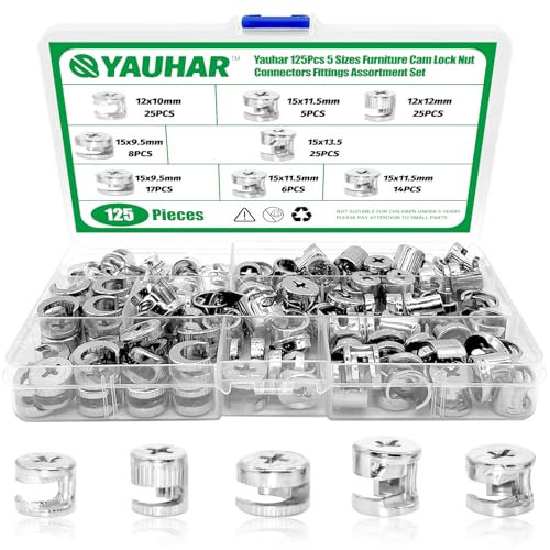 Yauhar 125Pcs 5 Sizes Furniture Cam Lock Nut Connectors Fittings, 15 * 9.5/15 * 11.5/15 * 13.5/12 * 10/12 * 12mm Fastener Cabinet Connecting Hardware Bolts for Drawer Closets Bed