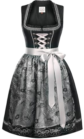 Funspread Dirndl Damen Midi Schwarz - Dirndlkleid mit Spitzenschürze Trachtenmode Kleid für Oktoberfest